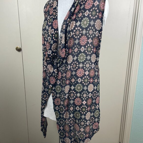 Cato Navy Blue Floral Sleeveless Long Open Vest Cardigan Uneven Hem Size Large - Picture 7 of 14